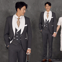Suit suit Gray studio mens photo mens travel wedding photo Tide brand host dress three-piece suit