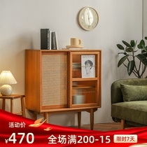 Rattan sideboard solid wood living room locker sofa side cabinet Japanese locker simple modern magazine cabinet bookcase