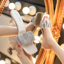 Fashion Joker thin and cool woman summer outside wear 2021 New Spring Dadong fairy rhinestone square head Net red slippers women