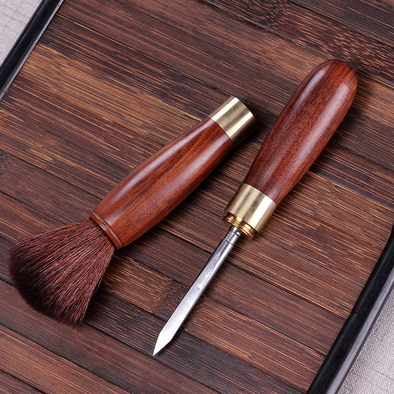 Puer tea set with spare parts tea ceremony supplies two-in-one ebony solid wood two-use tea needle pot pen tea brush tea knife
