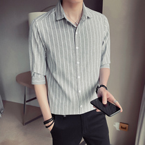 Striped short-sleeved shirt mens summer thin slim fit all-match five-point and seven-point sleeve shirt handsome business casual top