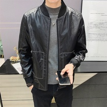Tide brand spring autumn baseball collar long sleeve mens leather clothing Hong Kong style casual slim handsome leather jacket coat thin men