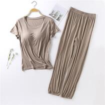 Pajamas Womens summer Modal short-sleeved trousers Home wear Solid color ice silk cotton thin section with chest pad womens suit
