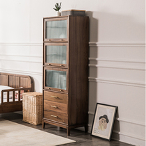 Japanese-style solid wood flip-door bookcase living room locker black walnut rack wine cabinet Net red glass display cabinet