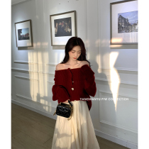 Yang Wanyu Sheep Dark Red Large Lapel Design Wool Knitted Shirt Wearing Joker Sweater Cardigan Women Winter