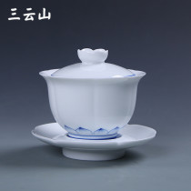 Hand-painted Lotus Blue and white cover Bowl Jingdezhen handmade retro white porcelain kung fu tea set tea cup three talented large tea bowl