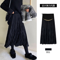 Pregnant woman skirt 2021 spring new foreign air pregnant woman outside wearing elastic design sensation high waist Tow belly 100 pleated half body dress