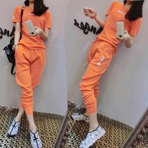 Hong Kong pop brand 2021 casual sports suit summer short-sleeved temperament Harun trousers running pure cotton two-piece set womens clothing