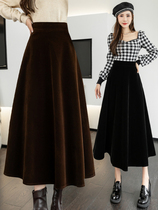 Coffee color skirt autumn and winter womens gold velvet skirt 2022 new A-line skirt umbrella skirt mid-length high-waist long skirt trendy