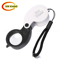 New 30x 25mm pocket folding jewelry antique diamond identification magnifying glass dual LED light source with strap