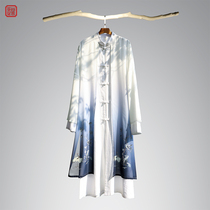 Improved Hanfu mens summer thin cardigan loose printing ancient style long fake two-piece mens fairy Chinese style windbreaker