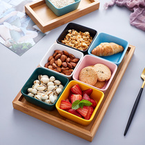 Creative household ceramic snack bowl snacks split platter dried fruit candy dish independent color with bamboo lid tray
