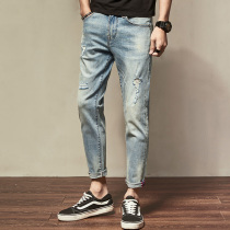 Ripped jeans mens fashion brand 2021 summer thin fashion Korean version of the wild mens slim small feet nine-point pants