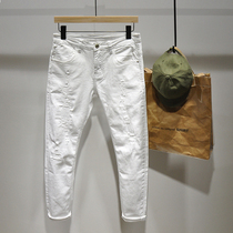 Tide brand autumn new mens casual white nine-point jeans Korean version of scraped slim foot pants long pants men