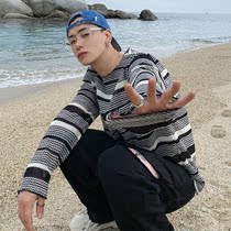 Korea Dongdaemun mens summer thin loose large size long-sleeved top striped knitted sunscreen clothing
