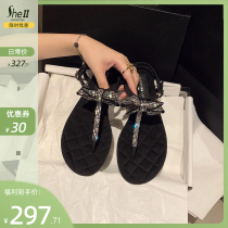 (shei Susinyin) Hawaii holiday ~ little fragrant wind water drill clip feet thick heel butterfly knot sandals womens shoes