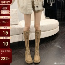 (sheii Su Yinyin) Leg Fine Report ~ Thick-heeled Thick-bottom Strap Strappings Medium-high Boots Female Winter Locomotive Long Boots