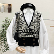 Knitted vest vest jacket womens autumn new loose retro diamond V-neck top with waistcoat sweater trend