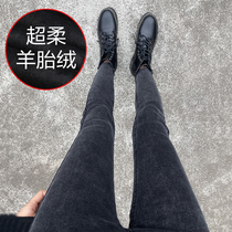 Black Gray plus velvet jeans women 2021 autumn and winter New slim high waist winter tight small feet ankle-length pants tide