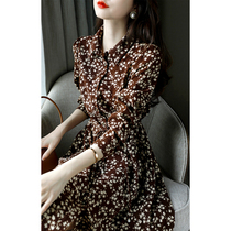Curry color French floral dress Spring and Autumn new womens waist slim long high-end temperament chiffon skirt