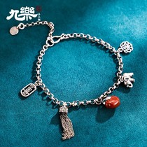 Nine music S925 sterling silver retro double happiness tassel temperament literary Chinese anklet little elephant South Red bracelet Tanabata gift