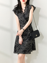Canary Kiss French vintage womens small floral wrap Lace-up Wild waist petal sleeve V-neck dress