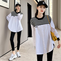Pregnant womens autumn clothes New lazy wind stitching stripes long shirt