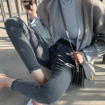 Hong Kong smoky gray high-waisted jeans womens summer thin stretch tight-fitting large size fat mm small feet pencil pants nine points