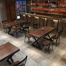 Solid wood dining table and chair Retro industrial style bar Qing Bar Cafe Milk tea shop Barbecue Wrought iron table and chair combination meal