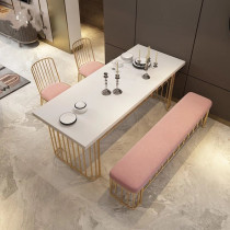 Nordic home solid wood dining table and chair combination Light luxury restaurant Marble table Dessert shop long table Long stool
