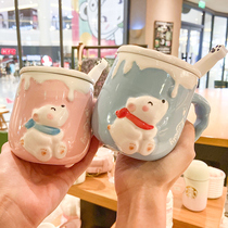 Creative cute cup A pair of mugs Couple cup with lid spoon Ceramic cup Coffee cup Personality trend gift