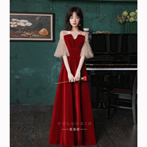 Wine red autumn and winter fugitive princess toast bridal little engagement evening dress 2021 New Bubble Sleeve