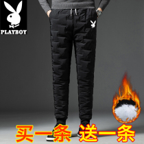 Playboy down pants mens cotton pants winter wear thick warm casual trousers outdoor sports tie pants