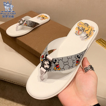 Slippers Men Tide 2022 new European station Mickey printed herringbone towed genuine leather Outer wear non-slip clamping foot beach sandals