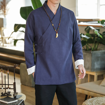 Chinese style mens cotton and linen buckle Hanfu vintage mens linen shirt jacket Chinese style clothing