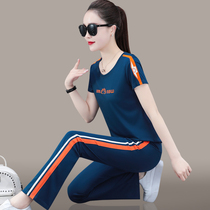 Wide leg pants sports suit female summer 2022 new Korean version when short sleeve running casual wear summer foreign air two sets