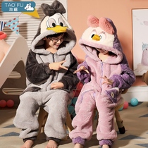 Childrens conjoined pajamas autumn and winter coral velvet boys cartoon children Girl flannel thickened home clothes