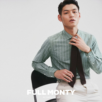 FULL MONTY linen striped long sleeve green shirt men casual slim shirt spring autumn business top