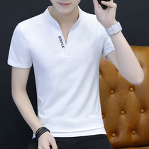 Summer short-sleeved T-shirt mens 2021 new V-neck ice silk half-sleeve mens Korean version of the trend slim solid color led mens tx