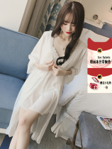 2021 new pajamas womens spring and autumn ice silk long-sleeved sexy lace with chest pad summer thin home wear suit