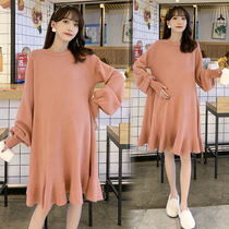Pregnant womens autumn and winter clothes fashion large size Joker womens new hot mom foreign style lantern sleeve dress