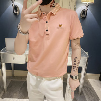 Net red polo shirt mens short sleeve Tide brand embroidery mens T-shirt personality pink trend led on the clothes