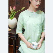 Early cicada summer womens clothing 2021 high-end long thin oblique lapel cotton Ramie suit modified Cheongsam dress Zen tea dress