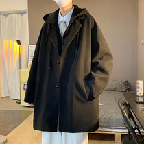 Trench coat mens long loose woolen fake two coats autumn and winter Korean trend handsome casual wild coat