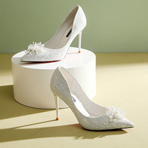 White high heels womens fine-heeled pointed heads can usually wear large size pearl lace wedding shoes leather womens shoes single shoes