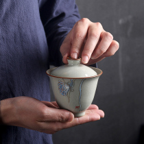Ru kiln open Film tea set cicada wing ice crack glaze sky blue retro three talent kung fu tea bowl big Cover bowl Cup