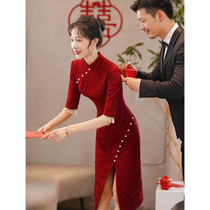 Cheongsam toast bride 2021 New Chinese style red wedding engagement back door dress Women can wear autumn