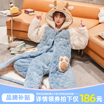 Coral velvet three-layer cotton pajamas womens autumn and winter padded robe cute flannel home suit