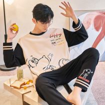 Pajamas mens spring and autumn pure cotton long sleeves teen cartoon thin fall student mens loungewear set