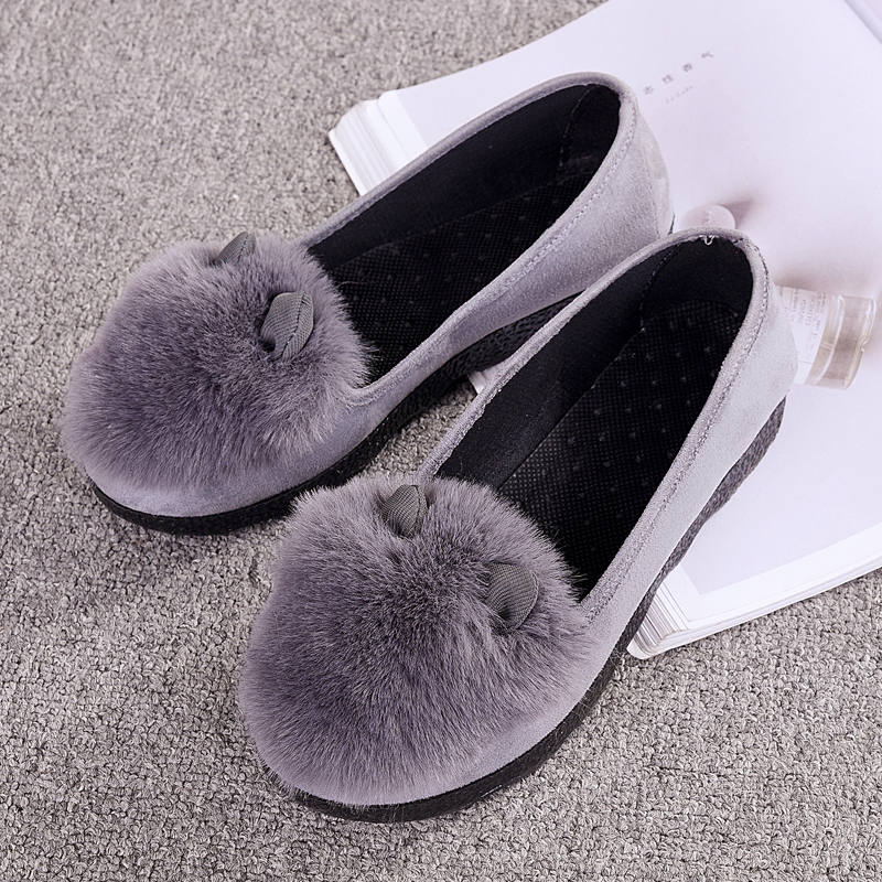Jingmailang Doudou Shoes Women's New Spring Shoes 2019 Flat-soled Cloth Shoes Rabbit Ear Single Shoes Fashion Leisure Fur Shoes